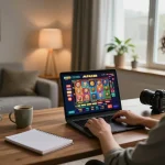 Playing alfa138 slot on a laptop in a cozy home setup, emphasizing strategic gaming.