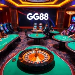 GG88 players eagerly engage at luxury casino tables with vibrant lights and roulette.