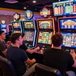 Players enjoying slot games at BIUSTOTO's vibrant online casino atmosphere with illuminated machines.
