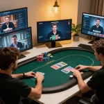 qqalfa players strategizing during an online poker game, chips and cards visible on screen.