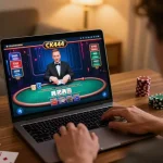Player enjoying a thrilling live dealer game on CK444, highlighting the engaging online casino experience in a cozy home setup.