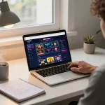 Engaging online gaming scene with player exploring situs toto on laptop in a stylish home office setting.
