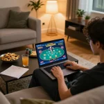 Player strategizing for GG88 while enjoying an online poker game in a cozy home setting