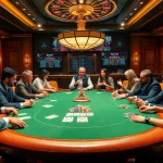 Intense players engaging in poker online at a luxurious table filled with colorful chips and cards.