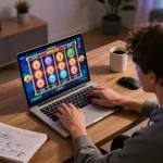 SATRIA123 online gaming session showcasing player engaged with vibrant slot graphics, emphasizing immersive experience.