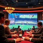 Engaged players betting on đá gà trực tiếp in a vibrant casino live streaming venue.