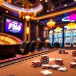 An engaging F168 gaming table scene showcasing poker chips and cards in a luxurious casino setting.
