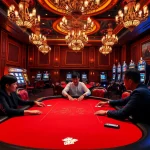 Engaging scene of professional players at the poker table at nhà cái 789p, featuring vibrant slots.
