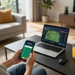 Betting on kèo nhà cái through a smartphone in a cozy home setup, showcasing online gambling.