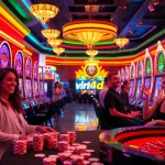 Players enjoying the vibrant slot machines at a luxury casino, highlighting viral4d excitement.