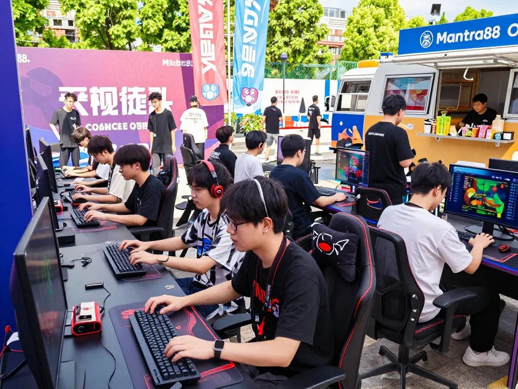 Gaming festival scene with participants enjoying mantra88 competition, vibrant outdoor atmosphere.