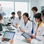 Team of researchers demonstrating the MB66 antiviral film application in a modern lab environment.