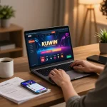 Kuwin online casino gaming scene with a player engaged on a laptop, showcasing dynamic action and comfortable setting.