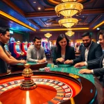 Players experiencing excitement at a casino with gilajp-related themes, joyful interactions, and vibrant games.