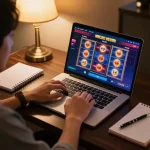 Engaging scene of a player enjoying slot macau resmi on a laptop, showcasing responsible gaming strategies and cozy setup