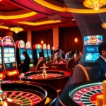 Berlian888 players enjoying a luxurious casino experience, aiming for jackpots at vibrant slot machines.