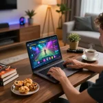 Engaged player exploring VSBET's online casino games on a laptop in a stylish home environment