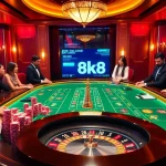 Experience excitement at 8k8 with a vibrant casino scene showcasing luxury gaming elements.