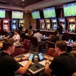 Tỷ lệ kèo nhà cái in action as bettors engage in live sports betting at a modern casino lounge.