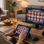 Step into the excitement of daftar Sepuhplay, enjoying dynamic slot gameplay on a tablet in a cozy home setting.