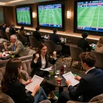 Tỷ lệ kèo nhà cái displayed on screens in an upscale sports betting lounge, with spectators analyzing bets.