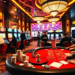 Exciting scene of gamblers enjoying link slot pakai qris in a luxurious casino setting with vibrant slot machines.