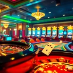 Experience thrilling gameplay at 9ph.art, featuring an elegant casino setup with roulette, poker, and vibrant slot machines.