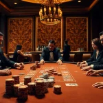 Mainkan buntogel di meja kasino mewah dengan pemain fokus dan suasana elegan.