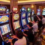 Players celebrating a jackpot at kerajaanslot in a vibrant casino environment.