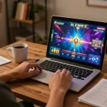 UGDEWA player engaged in thrilling online slots gameplay from a cozy home setup