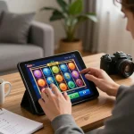 Experience engaging online gaming with a slot deposit 5000 on a cozy setup featuring tablet gameplay.