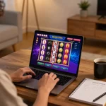 Pengaturan permainan online yang menarik menampilkan Bandar Togel Slot di layar laptop, menekankan permainan strategis di rumah.