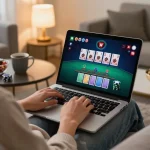Engaging in blackjack gameplay on a laptop at home, exploring alo88 eu com for strategic gaming.