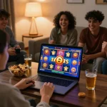 Friends enjoying ZEUS222 online slot game in a cozy living room, celebrating wins with excitement.