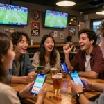 Friends enjoying a lively sports betting night, displaying tr88 link on betting app, social camaraderie highlighted