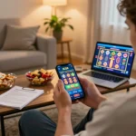 Player enjoying SC88 mobile casino app on smartphone with strategic notes and snacks.