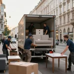 Szenen des Räumung Wien Service mit professionellen Umzugshelfern, die Möbel effizient einpacken.