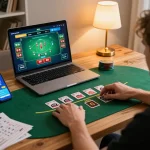 Player engaging with 78win live dealer blackjack game on laptop, highlighting exciting online gambling