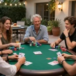 Friends enjoy a lively poker night at home, showcasing strategic play with luckywinzdev style.