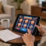 IDNSCORE online slot gaming setup in a cozy living room with strategy notes and warm lighting.