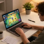 Terlibat dalam Mahjong Ways 2 dengan PG Soft di laptop dalam pengaturan permainan rumah yang nyaman.