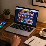 SLOT GACOR 777 gameplay on a laptop depicts an inviting online casino atmosphere.