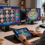 Player engaging in ondel4d online slots gameplay at a stylish home desk, focused on strategic bets.