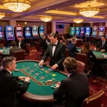 Pemain yang merancang strategi di meja blackjack di kasino mewah yang menampilkan meja permainan m88.