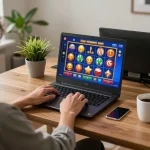 Player engaging with online slot games on 78win in a cozy home office setting, showcasing responsible gaming.
