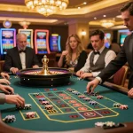 IDNSCORE interactive roulette game showcasing players placing bets and croupier spinning the wheel in a vibrant casino atmosphere