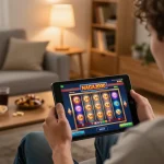 NAGA2000 player engaging with vibrant online slot game on tablet in cozy home setting.