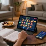 Pengaturan permainan online DASI4D yang menampilkan seseorang yang merancang strategi saat bermain permainan slot modern.