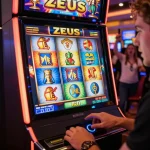 Experience the excitement of slot zeus as the player spins for big wins in a lively casino atmosphere