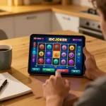 IDCJOKER player spinning reels on a tablet with strategy notes in a cozy kitchen